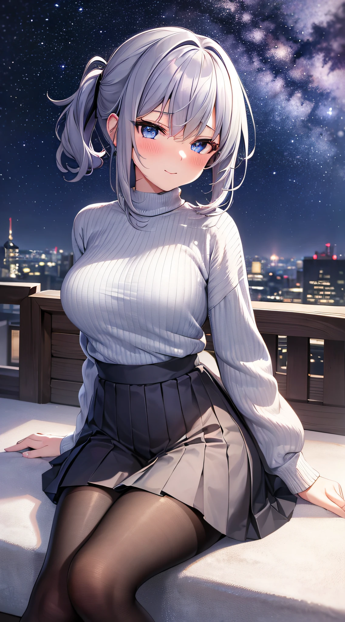 tmasterpiece, 4K,retinas, unbelievable_absurd res, Original, the night, As estrelas, milky ways, beautiful detailed sky, view over city,  mature woman, silber hair, pony tails, light blush, dark strong blue eye, purplesweater, gray pleats_a skirt, black pantyhoses, arms behind the body, looking at viewert, sitting in the couch, Lewd smile,