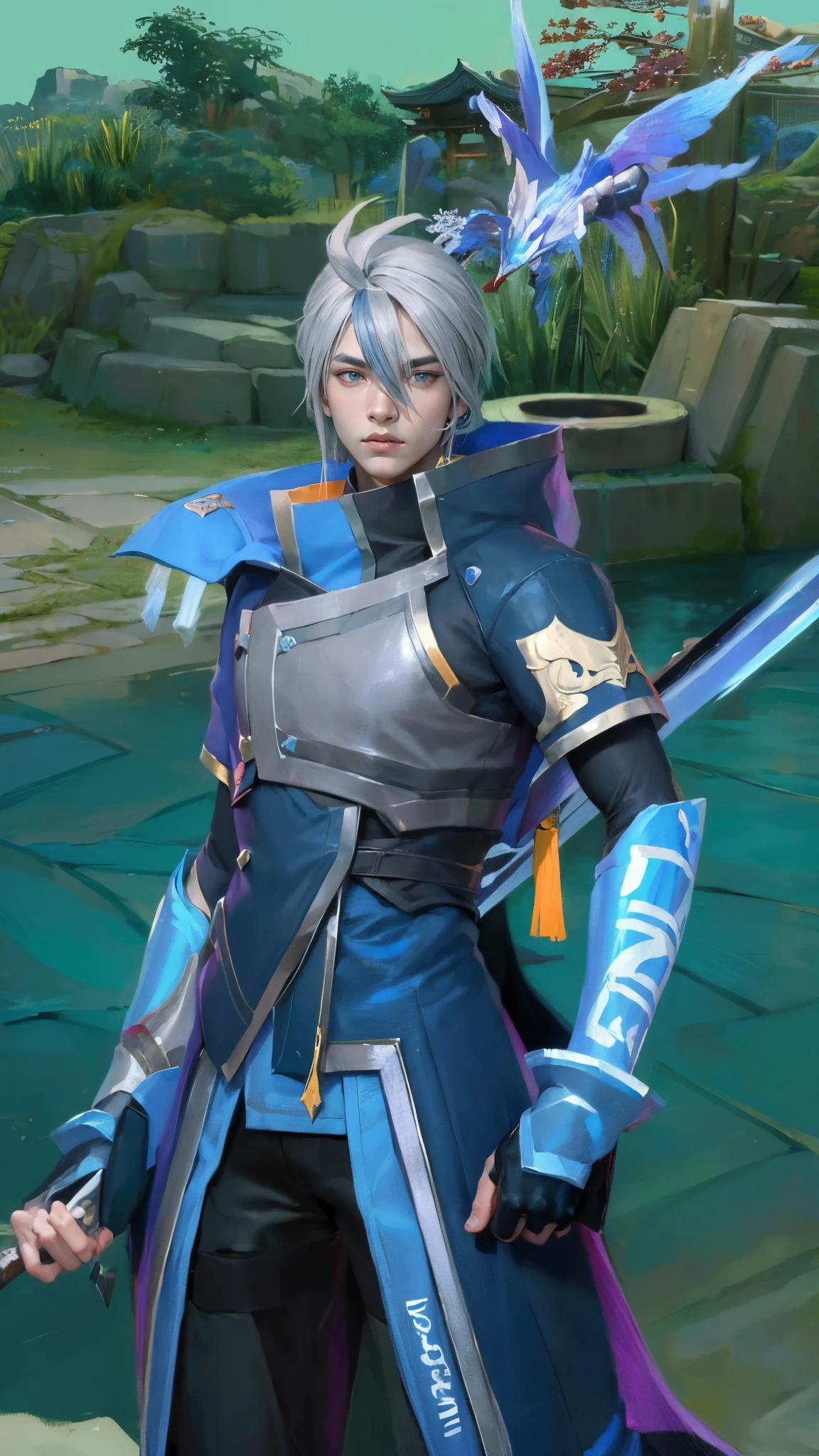 (Masterpiece:1.4), (best quality:1.2), enduring sword talon, 1boy, male focus, grey hair, long hair, japanese clothes, hair ornament