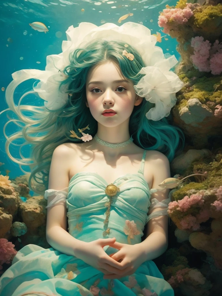 8K、Girl dressed as mermaid underwater - sea、mermaideautiful girl of 、A bit baby-fac