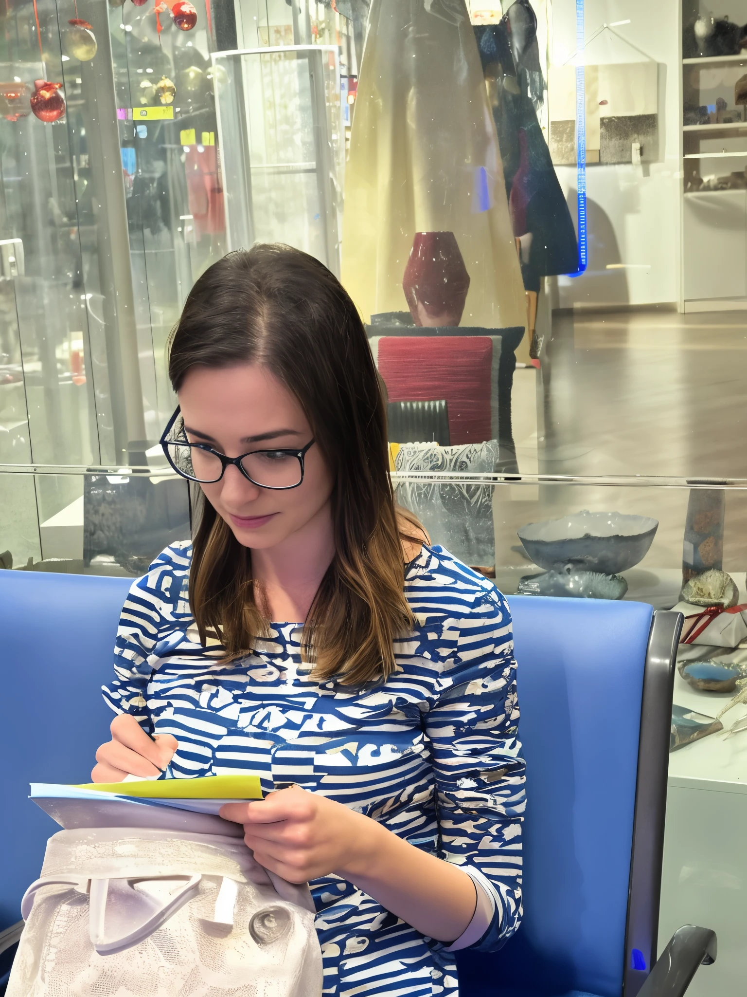 60 years old woman sitting on a blue chair with a book and a purse, writing in journal, by Maksimilijan Vanka, candid shot, an artistic pose, photo portrait, candid portrait, full subject shown in photo, artistic pose, in the museum, by Georgina Hunt, by Keraca Visulčeva, taken on a 2010s camera