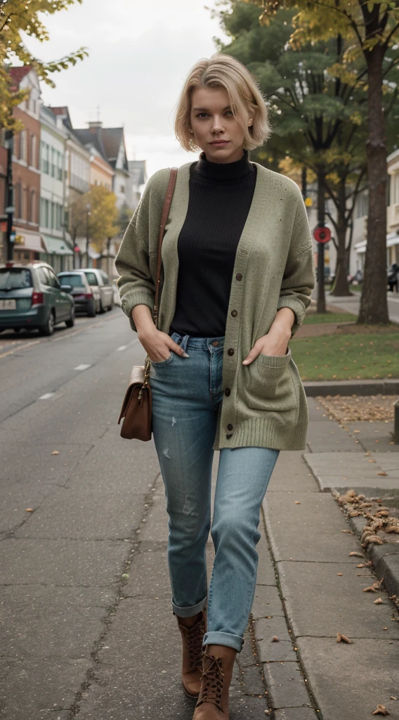 a woman with a cell phone in one hand and a starbucks cup in the other hand, jenni pasanen-katinka reinke-nina tryggvadottir-kirsi salonen-kim wexler-johanna rupprecht-scarlett hooft-daniela uhlig-linn olofsdotter-magdalena andersson merged, entire body visible, short blonde hair, freckles on her face, wearing a green cardigan with designer jeans and brown leather boots, walking in a park in autumn