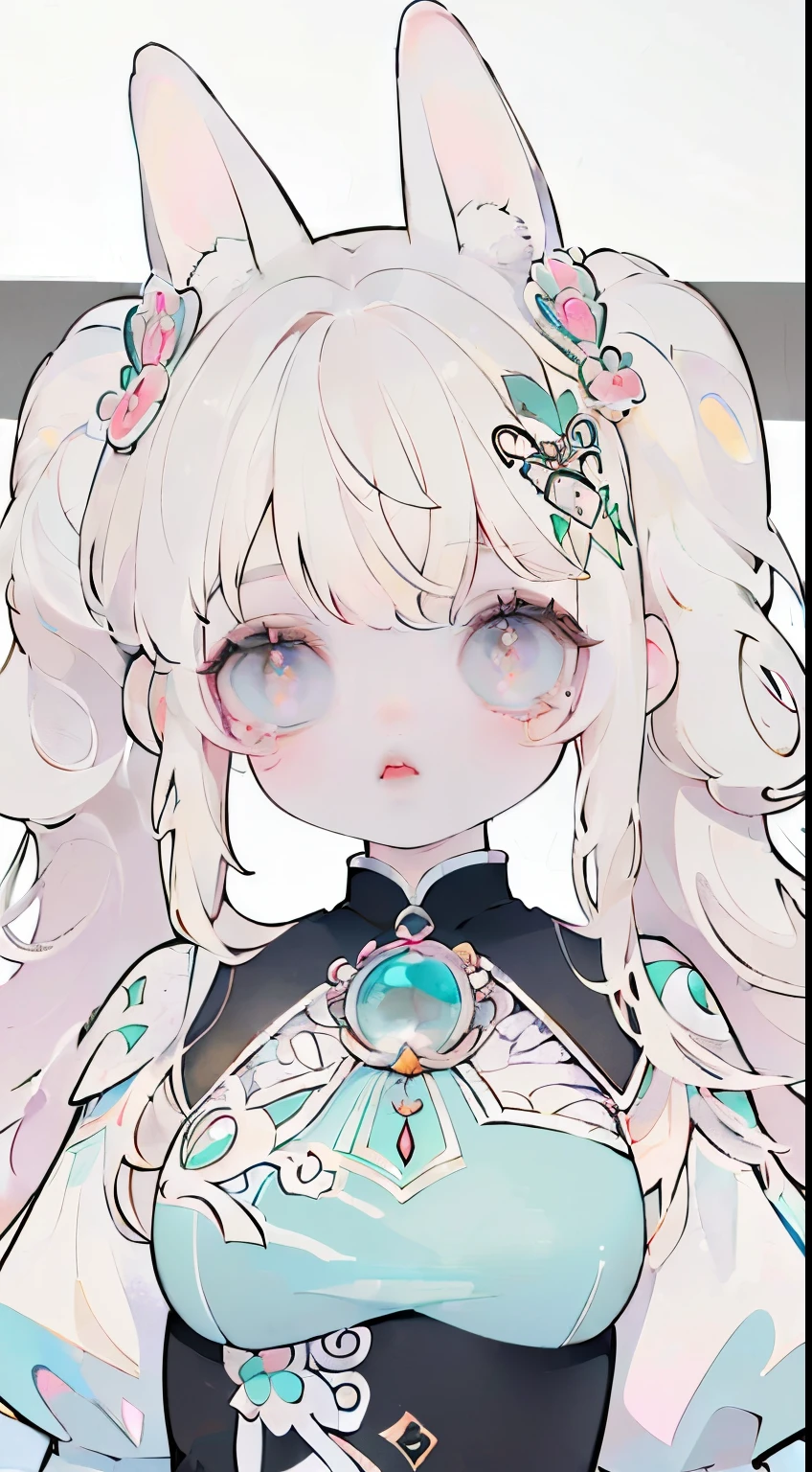 ((Best Quality)), (ultra-detailliert), ((Extremely detailed)), (Beautiful), ((Kawaii Girl)),(two side up hair)、((masutepiece)),Platinum Blonde Hair,Long hair, hair between eye, Wavy Hair, Long sideburns,Jade colored eyes, White skin,Colossal tits、Rabbit ears,Slender body, bunny,One Woman,Anime