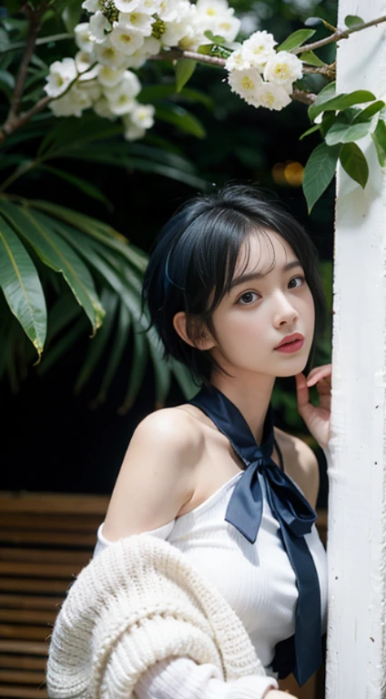 Best quality at best,tmasterpiece,8k wallpaper,absurd res, A high resolution, ultra - detailed, (ung beautiful girl, Alone:1.1),Yula_Show on the_the original god, cow boy shot, 1个Giant Breast Girl, (blue short hair:1.5), black hair band,White top and black bottoms, White long sleeves, a blue tie, jewelry on shoulder, The upper part of the body,Outdoor activities, borgar, the street, green plant, blossoms,BREAK BREAK BREAK