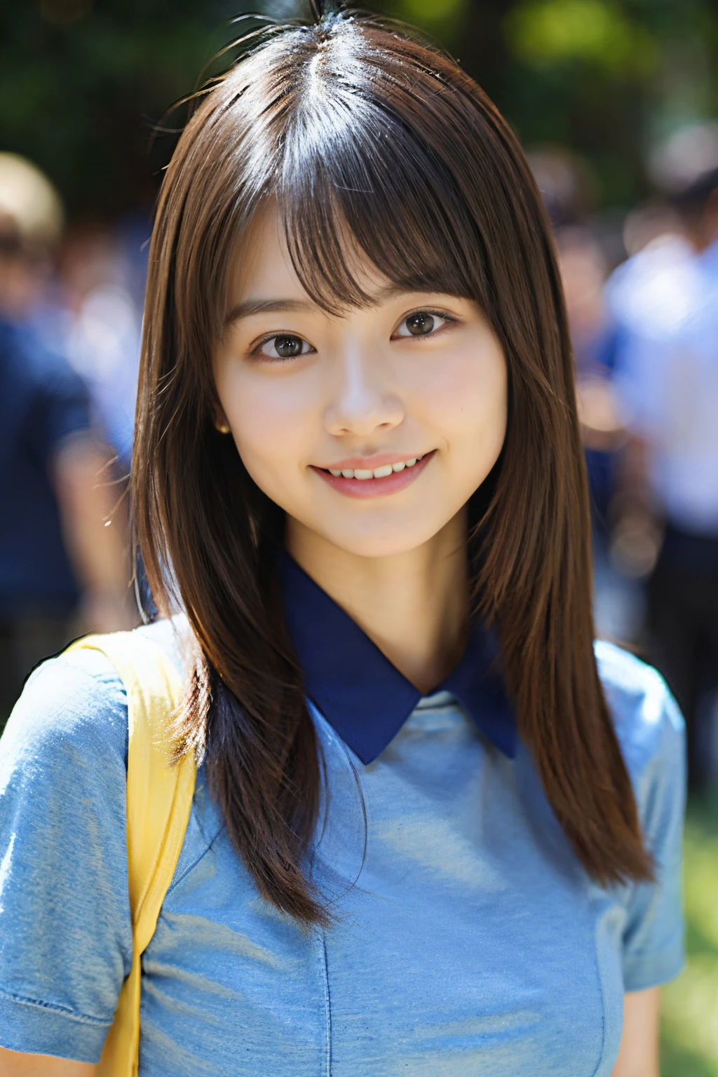 (8K、Raw photography、top-quality、​masterpiece:1.2)、(realisitic、Photorealsitic:1.37)、ultra-detailliert、超A high resolution、女の子1人、see the beholder、beautifull detailed face、A smile、Constriction、(Slim waist) :1.3)、The shirt、Beautiful detailed skin、Skin Texture、floated hair、profetional lighting、 (Face like an idol), Incredibly absurd, (cuteness: 1.3), bangss、15yo student、student clothes、