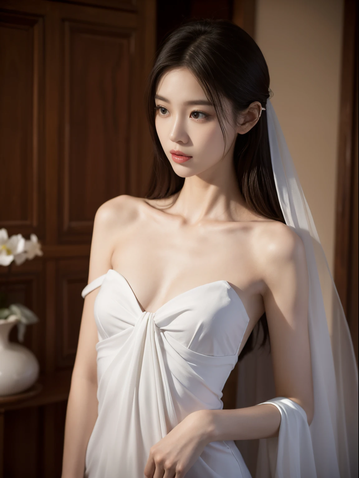 (Photorealistic),(Masterpiece),(ultra-detailed),a really close shot of very pretty tall idol girl but so busy that she had starved for a month so very close to fainting but somehow stays bright for her fans and has extremely thin feeble small body which are just bones and thinner than sticks and she is wearing a white loose silk dress,ghostly appearance because of thinness but beautiful
