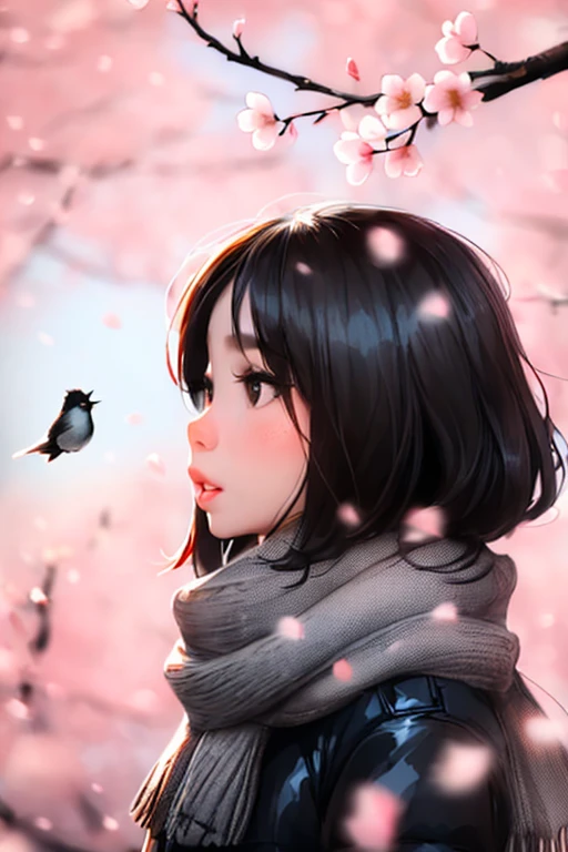 sam yang,
1girl, bird, black eyes, black hair, blurry, blurry background, cherry blossoms, lips, long-tailed tit, looking up, medium hair, profile, scarf, solo, tit (bird)
, ((masterpiece))