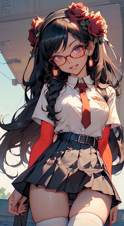 (Black Long Hair)、 Standing facing the front 、Full body posture、 (A detailed eye、二重まぶた、eye glasses、A slight smil、Open mouth and happy smile)、 (School Uniforms:1.3)、(tight mini pleated skirt:1.3)、(Skirt lift:1.3)、(Sexy Micro Panties:1.2)、(garterbelts:1.2)、(thigh-high socks:1.2)、 ((Medium chest)) 、((Cameltoe:1.3)、Model body type、(Slim waist)、(zettai ryouiki:1.3))、(5Fingered hand、Highly detailed facial and skin texture)、 (Super close-up looking up from below:1.2)、Focus on the crotch、(Looking at the camera:1.2))、((top-quality、8K,masterpiece:1.3))、(Beautiful woman with perfect figure:1.4)、(Background of many blooming roses:1.3)