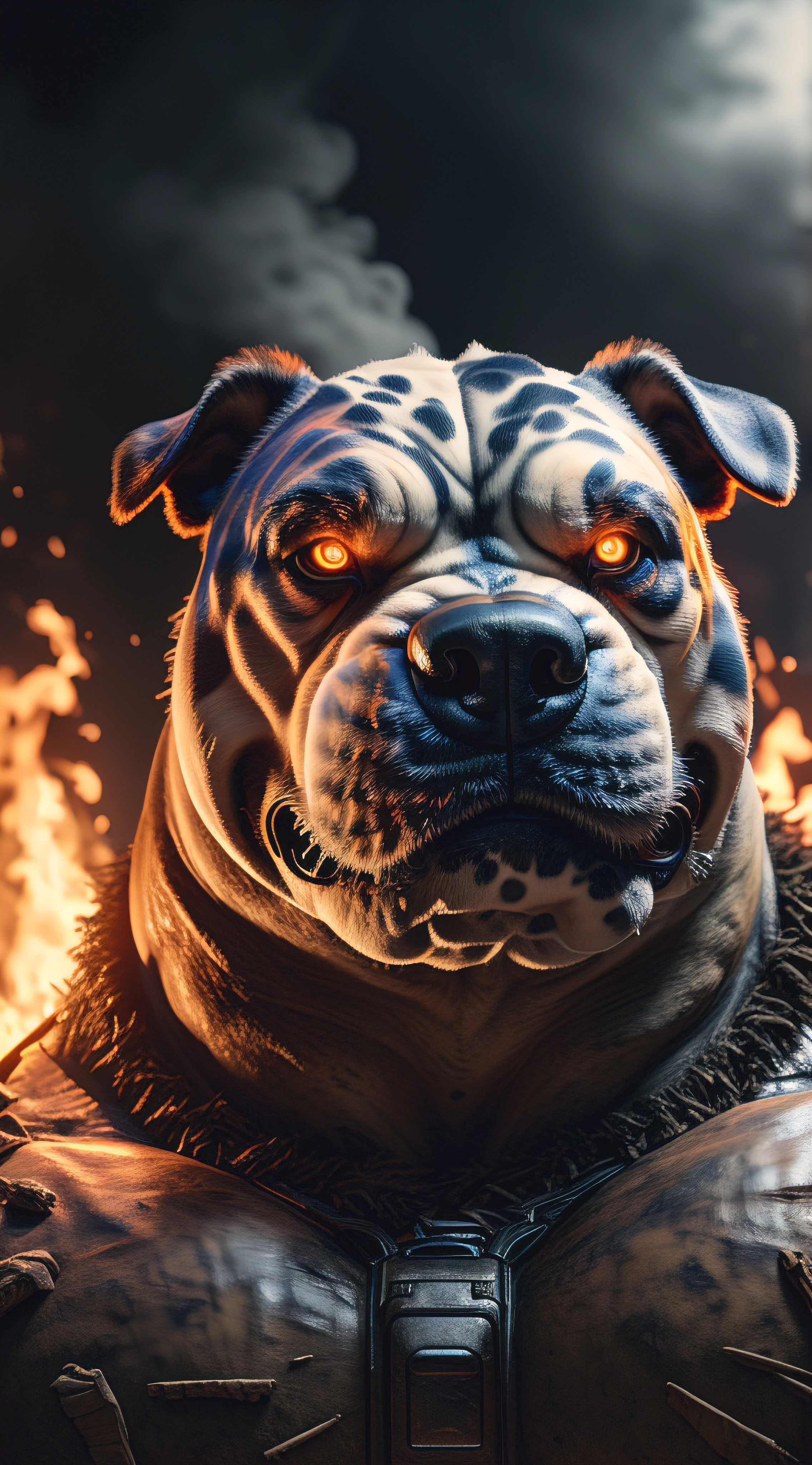 (best quality,16k,32k,Altas,master part:1.2),ultra-detalhado,(Realistic,fotorrealista,photo-realistic:1.37),(Ultimate Orochi Alapaha Blue Blood Bulldog) bright golden eyes realistic fire background of totally destroyed house alone looking at camera serious expression.