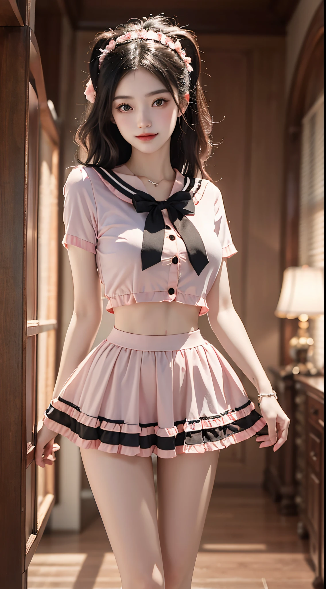 pink bow, shirt,skirt,sailor collar,midriff,, fashi-girl, (full body), tmasterpiece,Best quality at best,offcial art,extremely detaild的 CG unified 8k wallpapers, (HighDynamicRange:1.4), (Cinematic), (pastel colour, Saturated color, Soothing tone:1.3), (Natural skin texture, Hyper-realism, softlighting, Sharp),(The is very detailed), profesional lighting, warm lights, a warm color palette, Best quality at best, A lot of detail, tmasterpiece, ultra - detailed, illustratio, Extremely delicate and beautiful girl, 美丽细致的眼睛,8K_Wallpapers,Beautiful Meticulous Girl, looking at viewert, messy hair, Sweet smile, Random scenes, Random pose, posing elegantly, tempting pose
