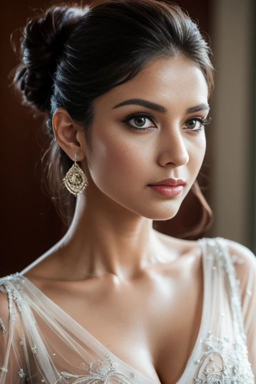 Portrait of A confident-looking indian lady with hair tied in a bun, hazel eyes, a formal dress, c-cup breasts, sitting on a chair, office background, bokeh, perfect composition, hyperrealistic, super detailed, 8k, high quality, trending art, trending on artstation, sharp focus, nude studio photo, intricate details, highly detailed, art by greg rutkowski