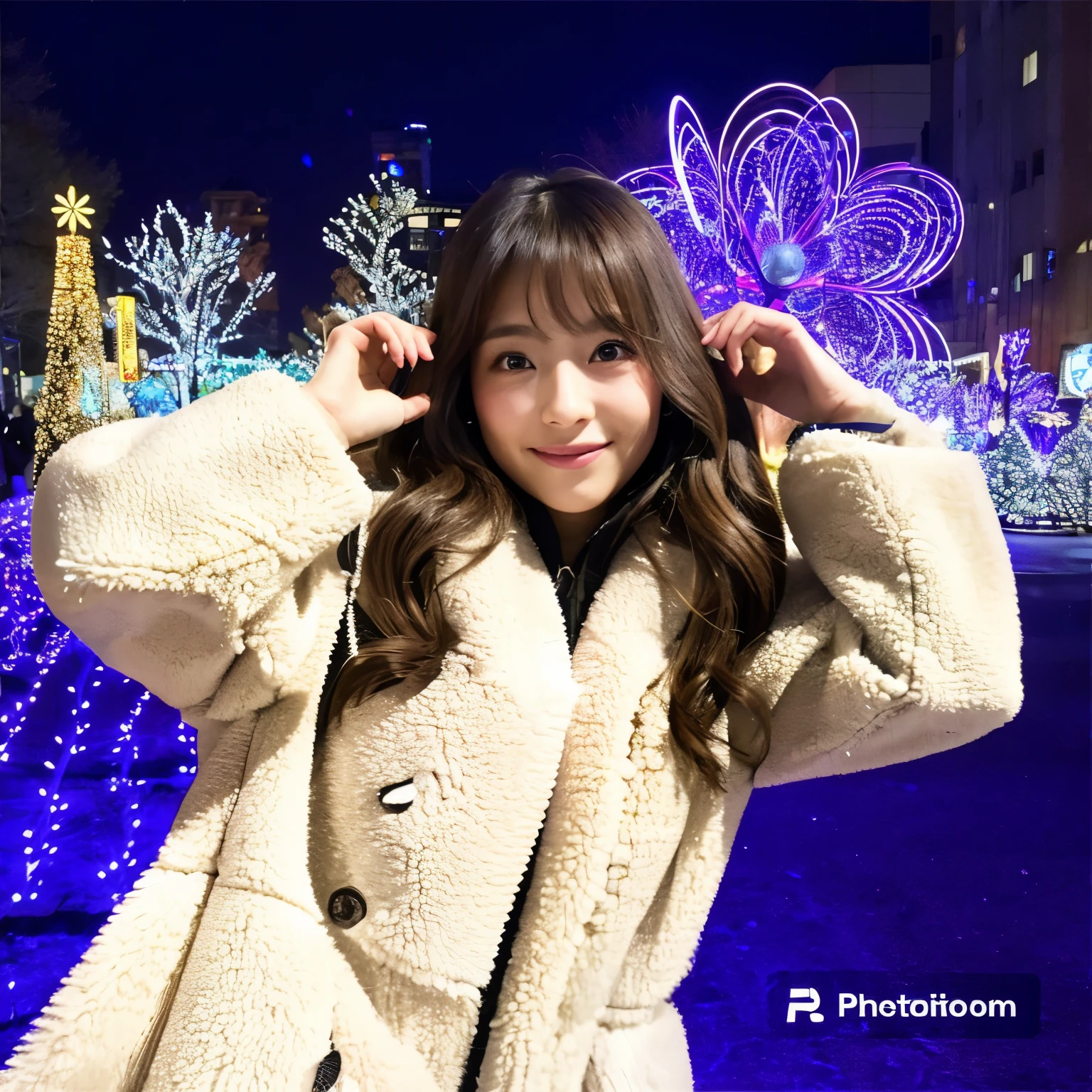 A beautiful woman wearing a down coat came to see the White Illumination in Sapporo City.