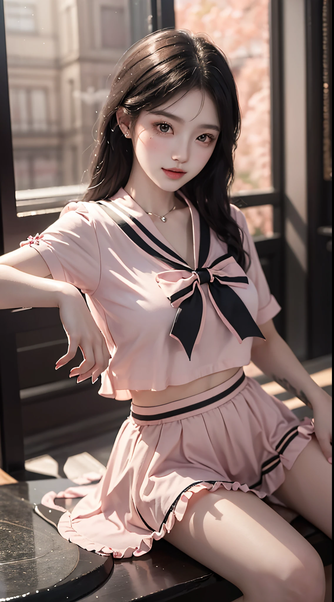 pink bow, shirt,skirt,sailor collar,midriff,, fashi-girl, (full body), tmasterpiece,Best quality at best,offcial art,extremely detaild的 CG unified 8k wallpapers, (HighDynamicRange:1.4), (Cinematic), (pastel colour, Saturated color, Soothing tone:1.3), (Natural skin texture, Hyper-realism, softlighting, Sharp),(The is very detailed), profesional lighting, warm lights, a warm color palette, Best quality at best, A lot of detail, tmasterpiece, ultra - detailed, illustratio, Extremely delicate and beautiful girl, 美丽细致的眼睛,8K_Wallpapers,Beautiful Meticulous Girl, looking at viewert, messy  hair, Sweet smile, Random scenes, Random pose, posing elegantly, tempting pose