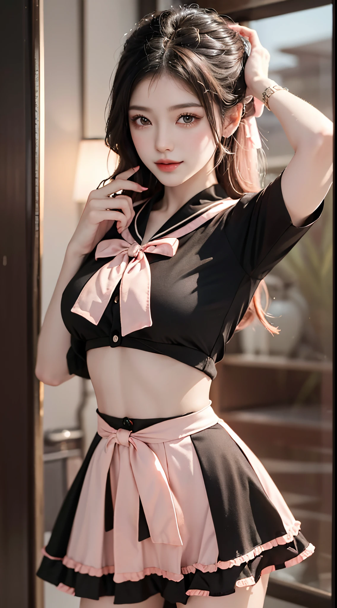 pink bow, shirt,skirt,sailor collar,midriff,, fashi-girl, (full body), tmasterpiece,Best quality at best,offcial art,extremely detaild的 CG unified 8k wallpapers, (HighDynamicRange:1.4), (Cinematic), (pastel colour, Saturated color, Soothing tone:1.3), (Natural skin texture, Hyper-realism, softlighting, Sharp),(The is very detailed), profesional lighting, warm lights, a warm color palette, Best quality at best, A lot of detail, tmasterpiece, ultra - detailed, illustratio, Extremely delicate and beautiful girl, 美丽细致的眼睛,8K_Wallpapers,Beautiful Meticulous Girl, looking at viewert, messy  hair, Sweet smile, Random scenes, Random pose, posing elegantly, tempting pose