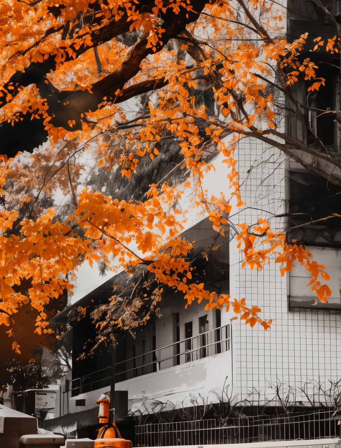 There  a fire hydrant in front of a building with a tree, orange tone, vibrant but dreary orange, contrast color, fall season, during fall, 4 0 9 6, orange tint, Infrared photography, complex and desaturated, autumn period, gray and orange colours, in fall, Fall overgrowth, orange and brown leaves for hair