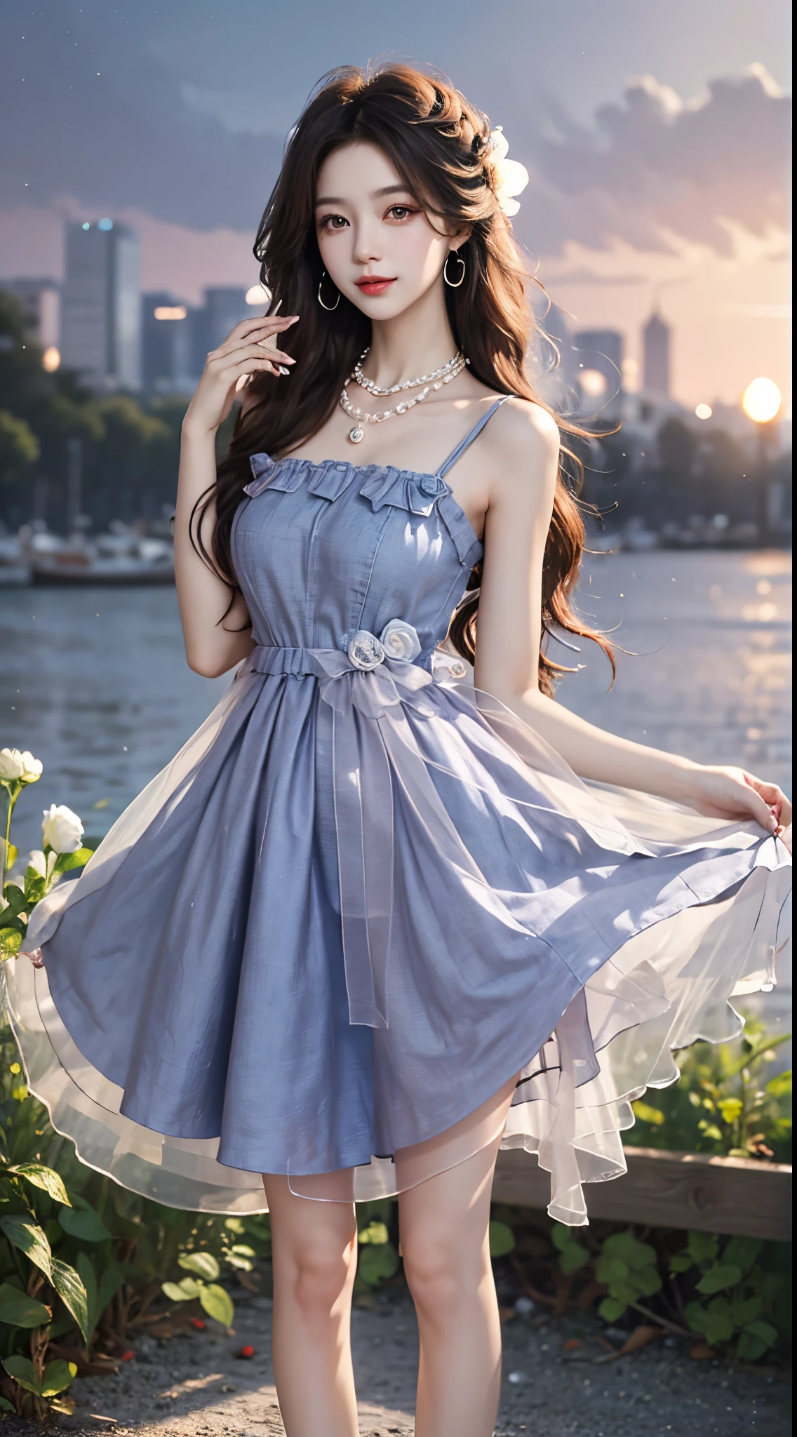 Sweet girl clothes2,pearl necklace,blue dress,flower, fashi-girl, (full body), tmasterpiece,Best quality at best,offcial art,extremely detaild的 CG unified 8k wallpapers, (HighDynamicRange:1.4), (Cinematic), (pastel colour, Saturated color, Soothing tone:1.3), (Natural skin texture, Hyper-realism, softlighting, Sharp),(The is very detailed), profesional lighting, warm lights, a warm color palette, Best quality at best, A lot of detail, tmasterpiece, ultra - detailed, illustratio, Extremely delicate and beautiful girl, 美丽细致的眼睛,8K_Wallpapers,Beautiful Meticulous Girl, looking at viewert, messy  hair, Sweet smile, Random scenes, Random pose, posing elegantly, tempting pose