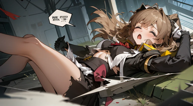scenery, perfect anatomy, 1 girl, Big breast, closed eyes, unconscious, sad, (sobbing, tearing up, 1.2), :o, sweetlip, black outfit, gloves BREAK headback, (torn clothes, white underwear:1.2), speech bubble