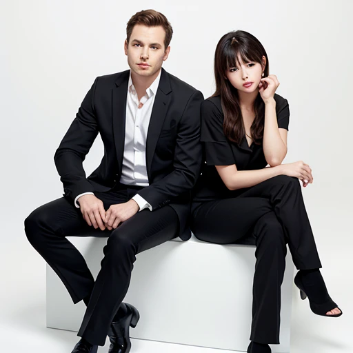 Black sofa、suits、Sit up、3 people、Beautiful men and women、White background only