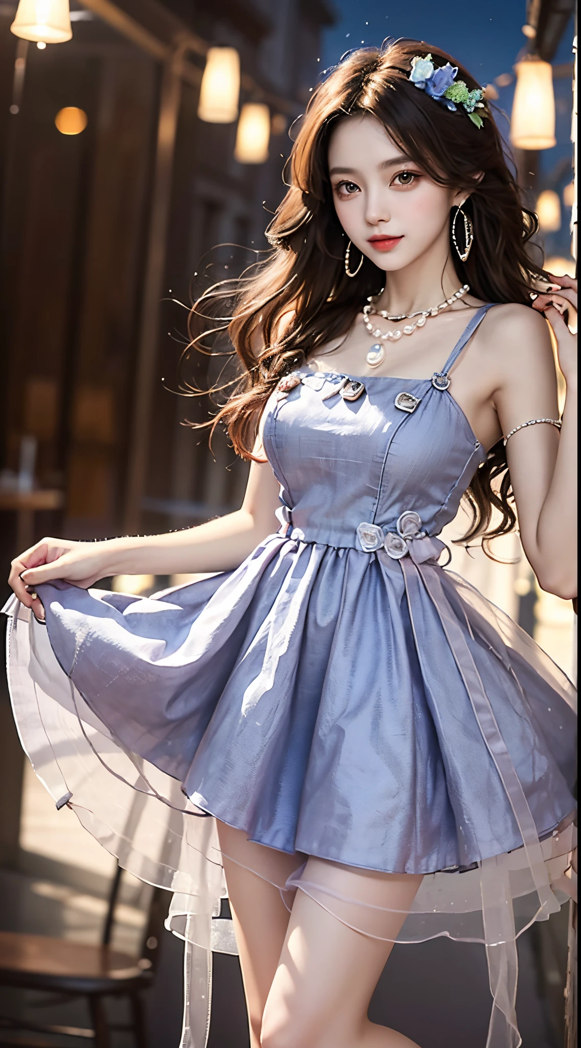 Sweet girl clothes2,pearl necklace,blue dress,flower, fashi-girl, (full body), tmasterpiece,Best quality at best,offcial art,extremely detaild的 CG unified 8k wallpapers, (HighDynamicRange:1.4), (Cinematic), (pastel colour, Saturated color, Soothing tone:1.3), (Natural skin texture, Hyper-realism, softlighting, Sharp),(The is very detailed), profesional lighting, warm lights, a warm color palette, Best quality at best, A lot of detail, tmasterpiece, ultra - detailed, illustratio, Extremely delicate and beautiful girl, 美丽细致的眼睛,8K_Wallpapers,Beautiful Meticulous Girl, looking at viewert, messy  hair, Sweet smile, Random scenes, Random pose, posing elegantly, tempting pose