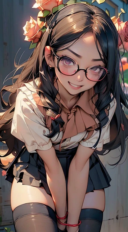 (Black Long Hair)、 Standing facing the front 、Full body posture、 (A detailed eye、二重まぶた、eye glasses、A slight smil、Open mouth and happy smile)、 (School Uniforms:1.3)、(tight mini pleated skirt:1.3)、(Skirt lift:1.3)、(Sexy Micro Panties:1.2)、(garterbelts:1.3)、(thigh-high socks:1.3)、 ((Medium chest)) 、((Cameltoe:1.3)、Model body type、(Slim waist)、(zettai ryouiki:1.3))、Lots of flowers background (５Fingered hand、Highly detailed facial and skin texture)、 (Super close-up looking up from below:1.2)、Focus on the crotch、(Looking at the camera:1.2))、((top-quality、8K,​masterpiece:1.3))、(Beautiful woman with perfect figure:1.4)、(Background of many blooming roses:1.3)