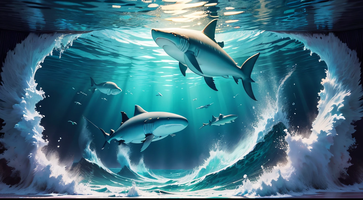 Oceano com animais marinos, fondo do mar, Sharks, corais, polvo,  cinematico, corpos detalhados dos animais, they are swimming, velocidade, melhor qualidade, estilo anime
