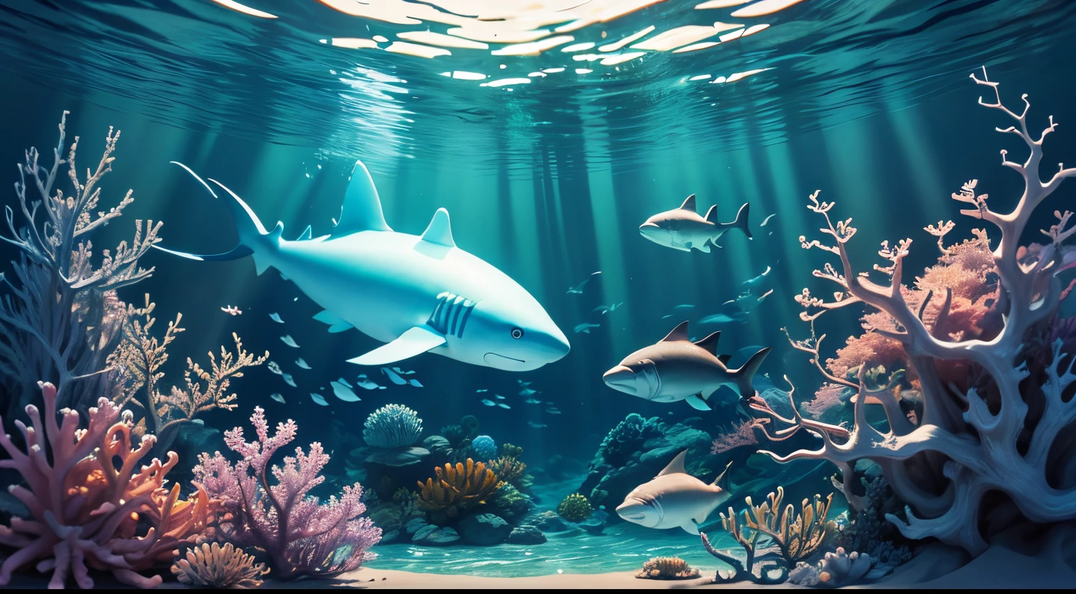 Oceano com animais marinos, fondo do mar, Sharks, corais, polvo,  cinematico, corpos detalhados dos animais, they are swimming, velocidade, melhor qualidade, estilo anime