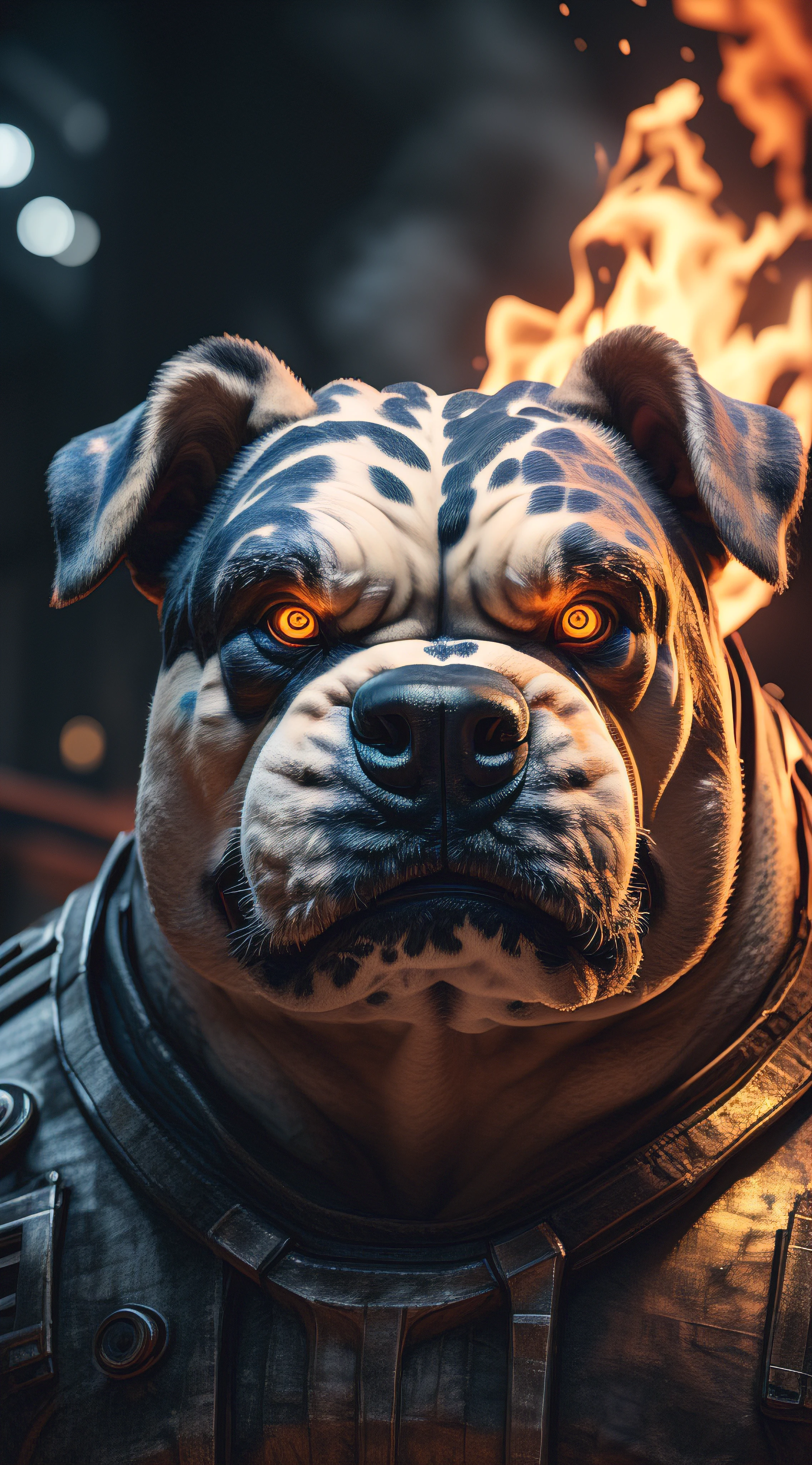 (best quality,16k,32k,Altas,master part:1.2),ultra-detalhado,(Realistic,fotorrealista,photo-realistic:1.37),(Ultimate Orochi Alapaha Blue Blood Bulldog) bright golden eyes realistic fire background of totally destroyed house alone looking at camera serious expression.