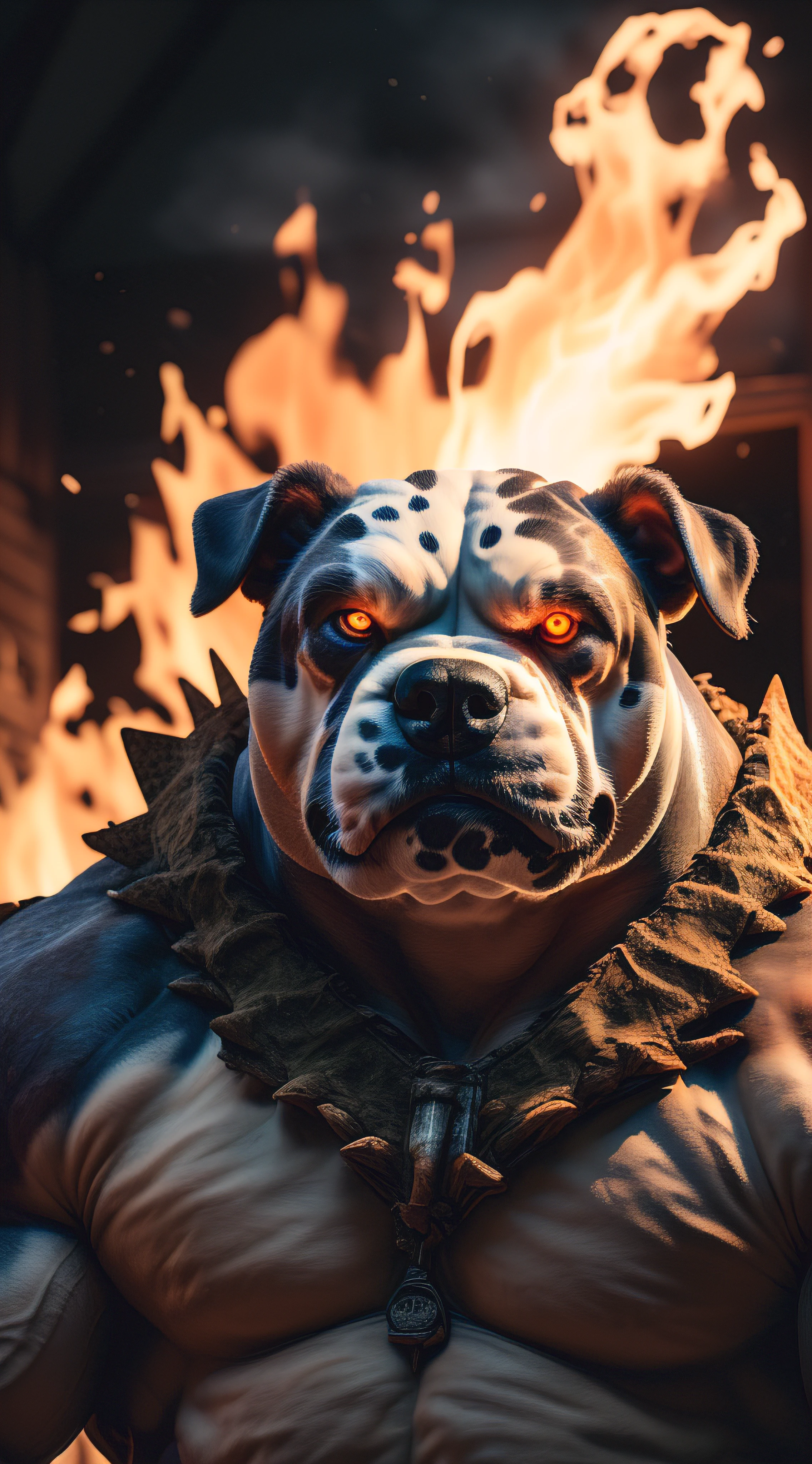 (best quality,16k,32k,Altas,master part:1.2),ultra-detalhado,(Realistic,fotorrealista,photo-realistic:1.37),(Ultimate Orochi Alapaha Blue Blood Bulldog) bright golden eyes realistic fire background of totally destroyed house alone looking at camera serious expression.