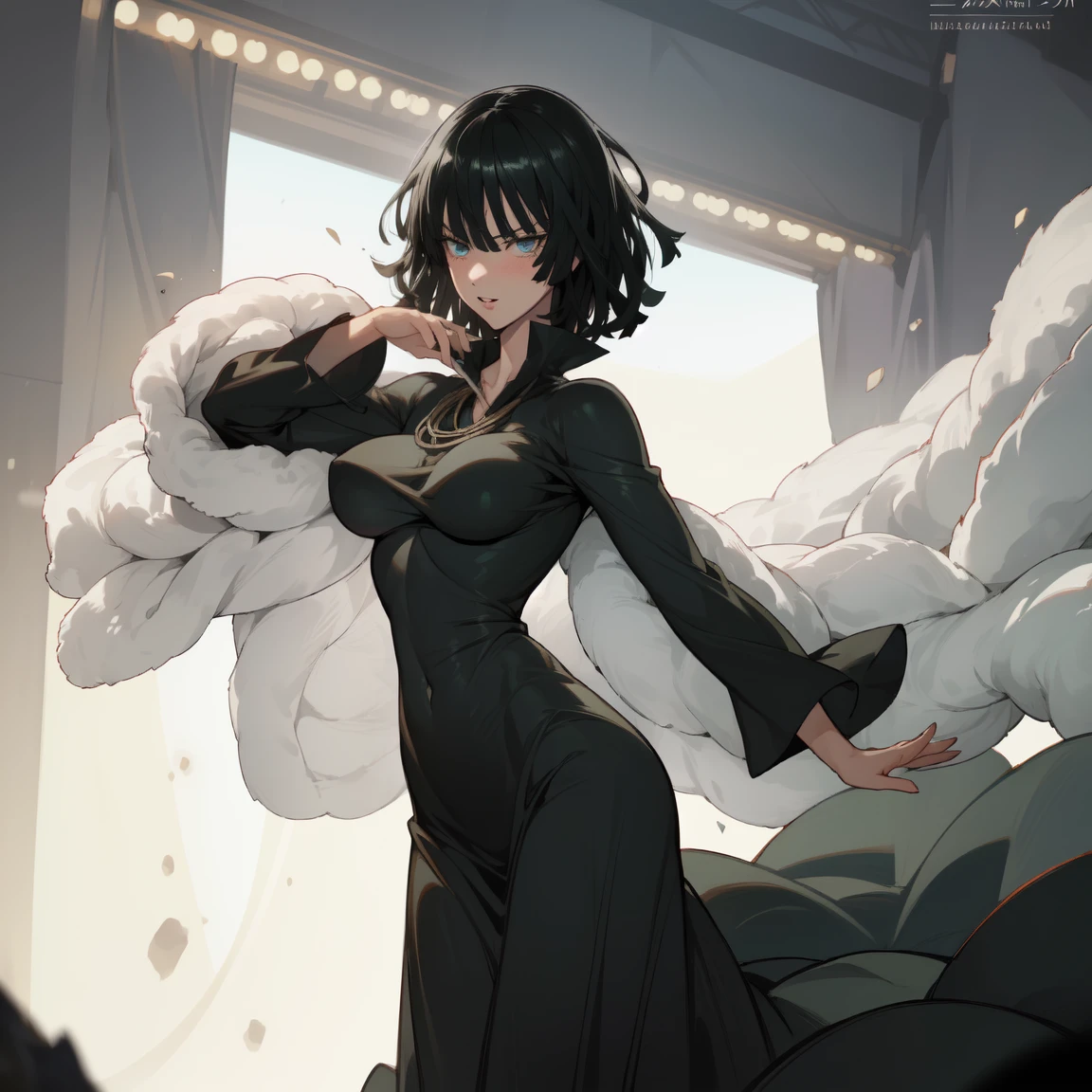 Anime art style, Fubuki from one punch man, green hair, white skin, wearing V-neck dress, cinematic lights, blushing cheeks, smilling, (( named Emma), ((A very cute caucasian girl poses boldly on fashion stage), 1 girl, (milf), (long beautiful face), clear face, realistic face, detailed face, (( black grey fashion dresody covered dress, (( stylish fashion dress)), (( different types of fashion dresig breasts)))), no breasts, front view, looking at viewerashion dress))), (( stylish fashion dress)), waist curve pose, (8k, RAW photo, top quality, masterpiece), (Realistic, photorealistic: 1.9), ((Full body shot)), stylish pose, (Highly detailed skin: 1.2), Photos, masterpieces, top quality, crowd background, men around her, crowd area, (beautiful blue eyes, gorgeous pale grey black curly hair, white skin, thick body, lower abdomen bristles, perfect slim figure), various poses, ultra-detailed face, detailed eyes, a lot of people are looking at her with excitement, little close up