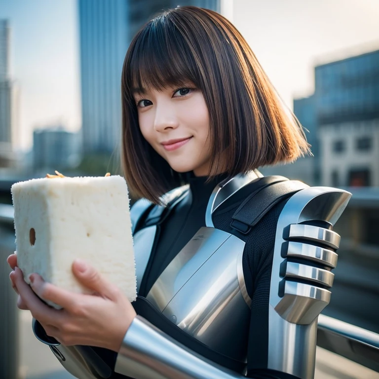 A half-Japanese-French beauty holding a huge square block of stainless steel with a heavy weight" in a photograph in which even each strand of her hair is precisely rendered. Her melancholy smile is healthy. Her hair is a chestnut-colored bob cut, and she wears a futuristic cyber suit. Her stainless steel mass is shiny; the background is a sophisticated city of the near future. The background is blurred as the focus is on her.