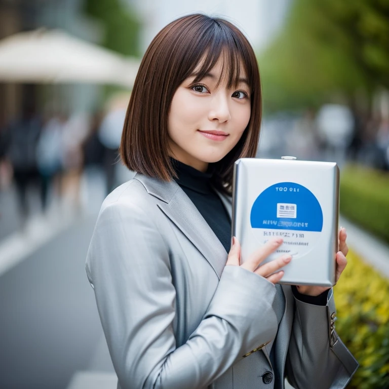 A half-Japanese-French beauty holding a huge square block of stainless steel with a heavy weight" in a photograph in which even each strand of her hair is precisely rendered. Her melancholy smile is healthy. Her hair is a chestnut-colored bob cut, and she wears a futuristic cyber suit. Her stainless steel mass is shiny; the background is a sophisticated city of the near future. The background is blurred as the focus is on her.