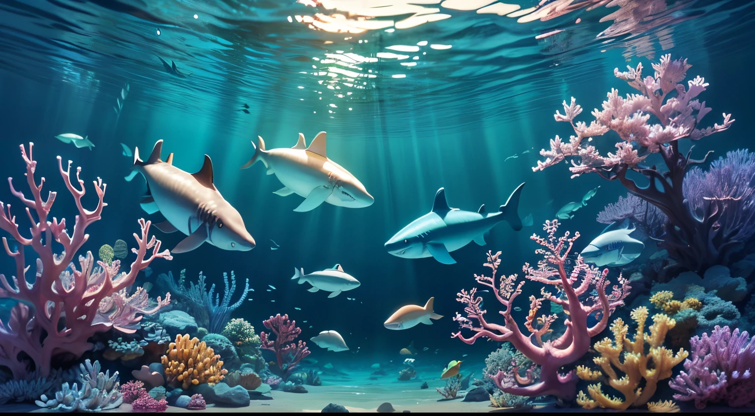 Oceano com animais marinos, fondo do mar, Sharks, corais, polvo,  cinematico, corpos detalhados dos animais, they are swimming, velocidade, melhor qualidade, estilo anime