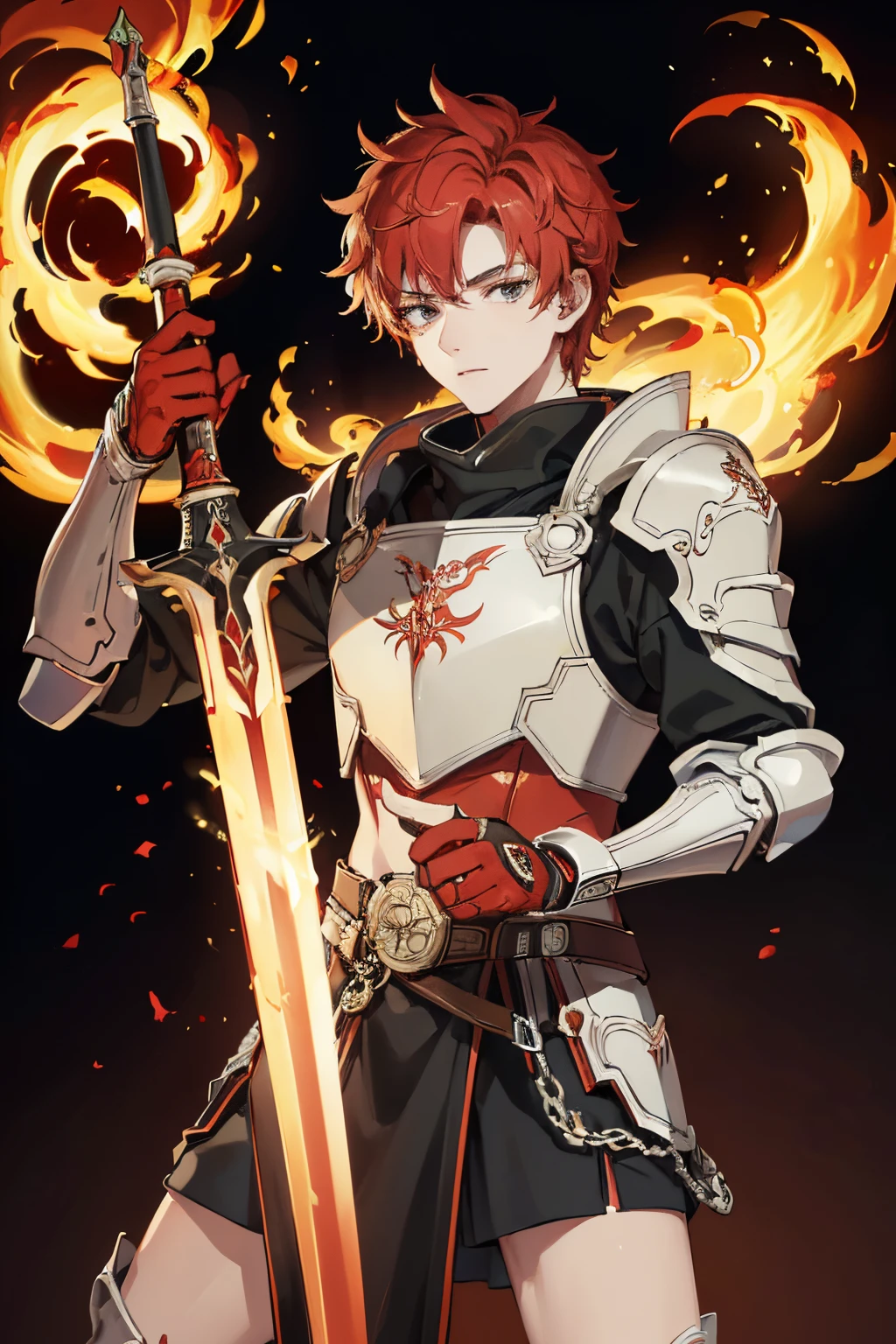 (best quality, 4k, 8k, ultra high resolution, master piece: 1.2), ultra-detailed, An 18 year old man, red hair and black eyes, Wearing light red armor, holding a flaming sword.