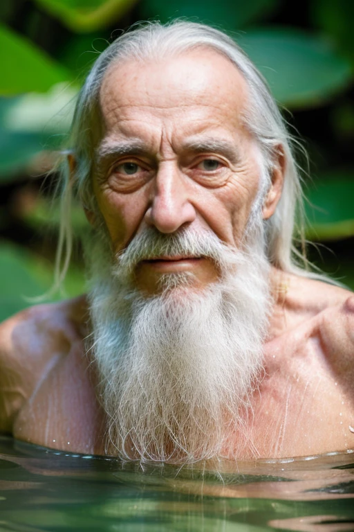 An elder with a long beard and white hair, with a serene face wrinkles, looking producing, body older weak, skinny bones hairy, body naked, his shirt was open to reveal his stomach wrinkles older hairy weak and chest, arms legs neck hands feet skinny old and weak, shy and blushed, Lying in the water,water lily,lotus leaf,Closed eyes,master-piece,4K images,beste-Qualit