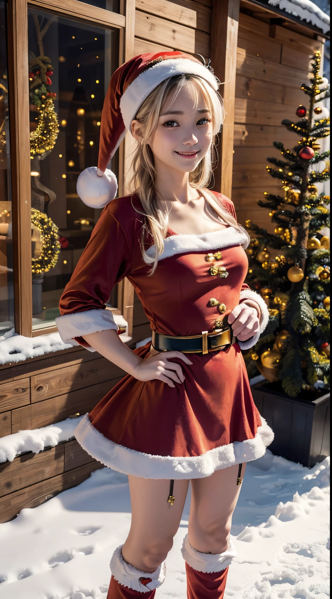 tre anatomically correct,Masterpiece of,High image quality,(Cute Santa Claus costumes:1.5),20 years old, Japan Female, (Random posture:1.4),Professional Lighting,((Shorthair)),((Natural smile)),The ultra-detailliert、High quality textures、intricate detailes、detaileds、Very detailed CG、High quality shadows、Detail Beautiful delicate face、Detail Beautiful delicate eyes、depth of fields、Ray traching,1girl in, japanaese girl, Fashion Model, slender,Warm atmosphere,Outdoors with a Christmas atmosphere