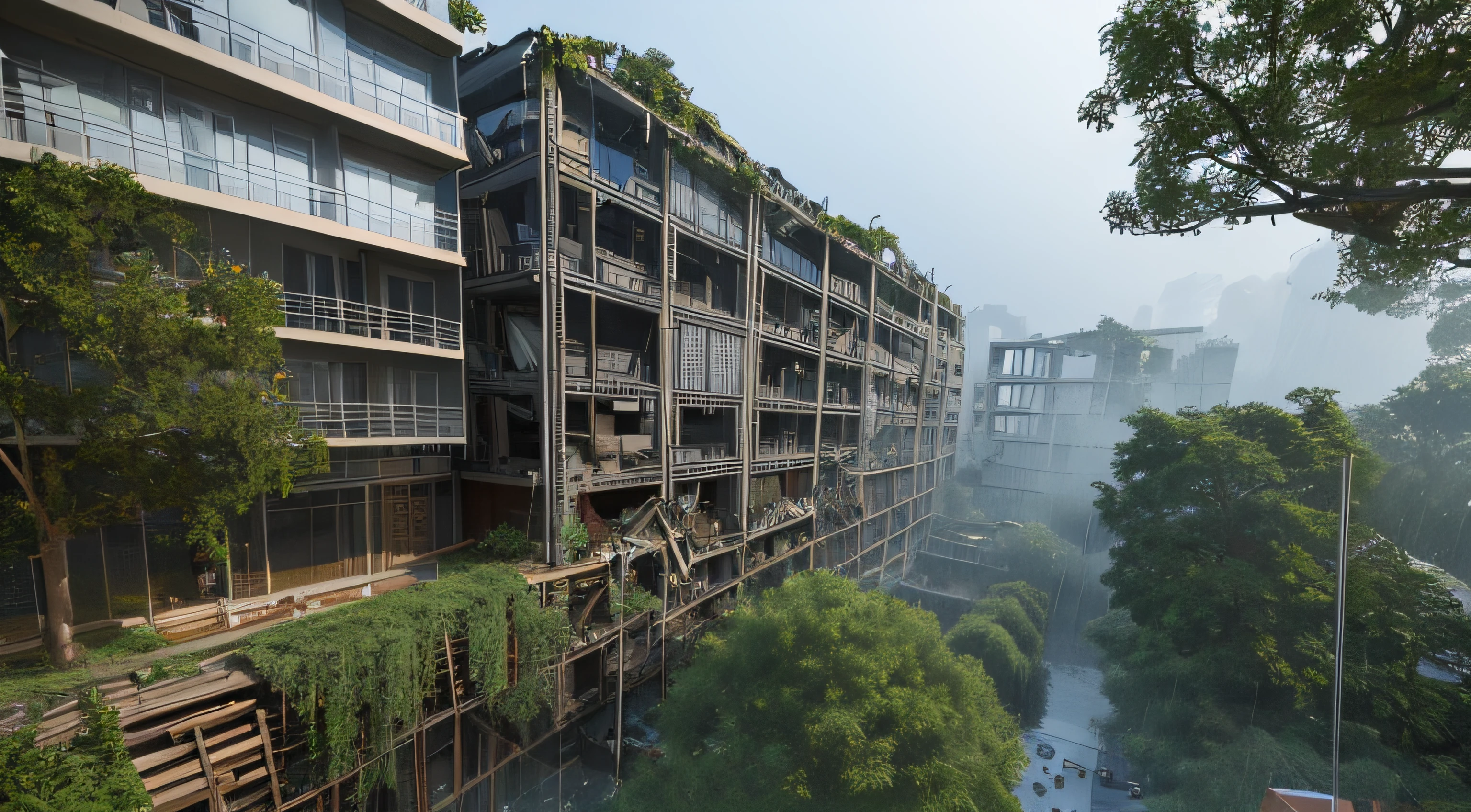 3d model , best quality , building , adventure, collapsed building , masterpiece, raining weather , jungle , high building, winter , raining