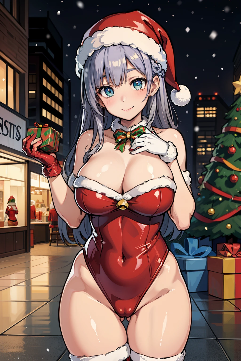 8k wallpaper、Raw photography、masutepiece、top-quality、Cowboy Shot、Looking at Viewer、Full limbs、complete fingers、Slender beauty、silver french braid、aqua eyes,Beautiful Large Breasts、(Detailed ultra-oily shiny skin:1.1)、oily shiny thighhigh、(Perfect red Santa Claus leotard with fur:1.3)、((red long boots with fur))、(Far Santa Glove REAK,(thighs thighs thighs thighs、Absolute Realm Kanta Cloth Hat)、Beautiful、A slight smil、Winter cityscape、shopping street、It's snowing、white Christmas、Christmas tree、Give a gift