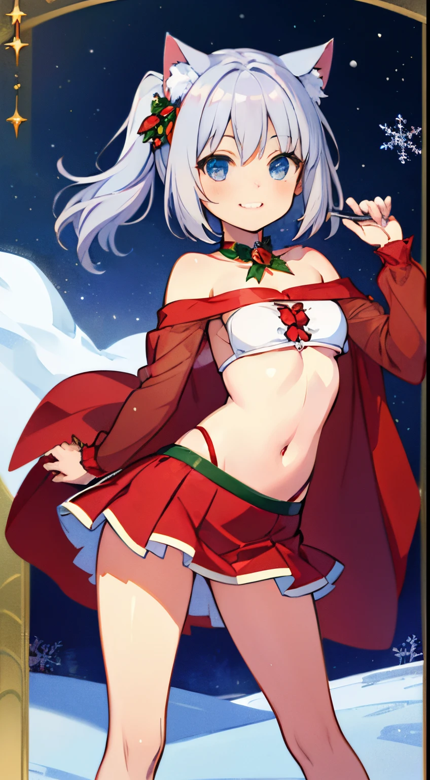 (Masterpiece), (Top Quality Anime Illustration), (Super Definition), One Girl, Solo, Silver-haired Beautiful Girl, Anime , Cat Ear Lolid and White See-Through Santa, Miniskirt Santa, Off Shoulder, Smile, Small Breasts, Cleavage Emphasis, Underboob, Open Stance, Thighs, Tarot Card Style, Snowy Landscape