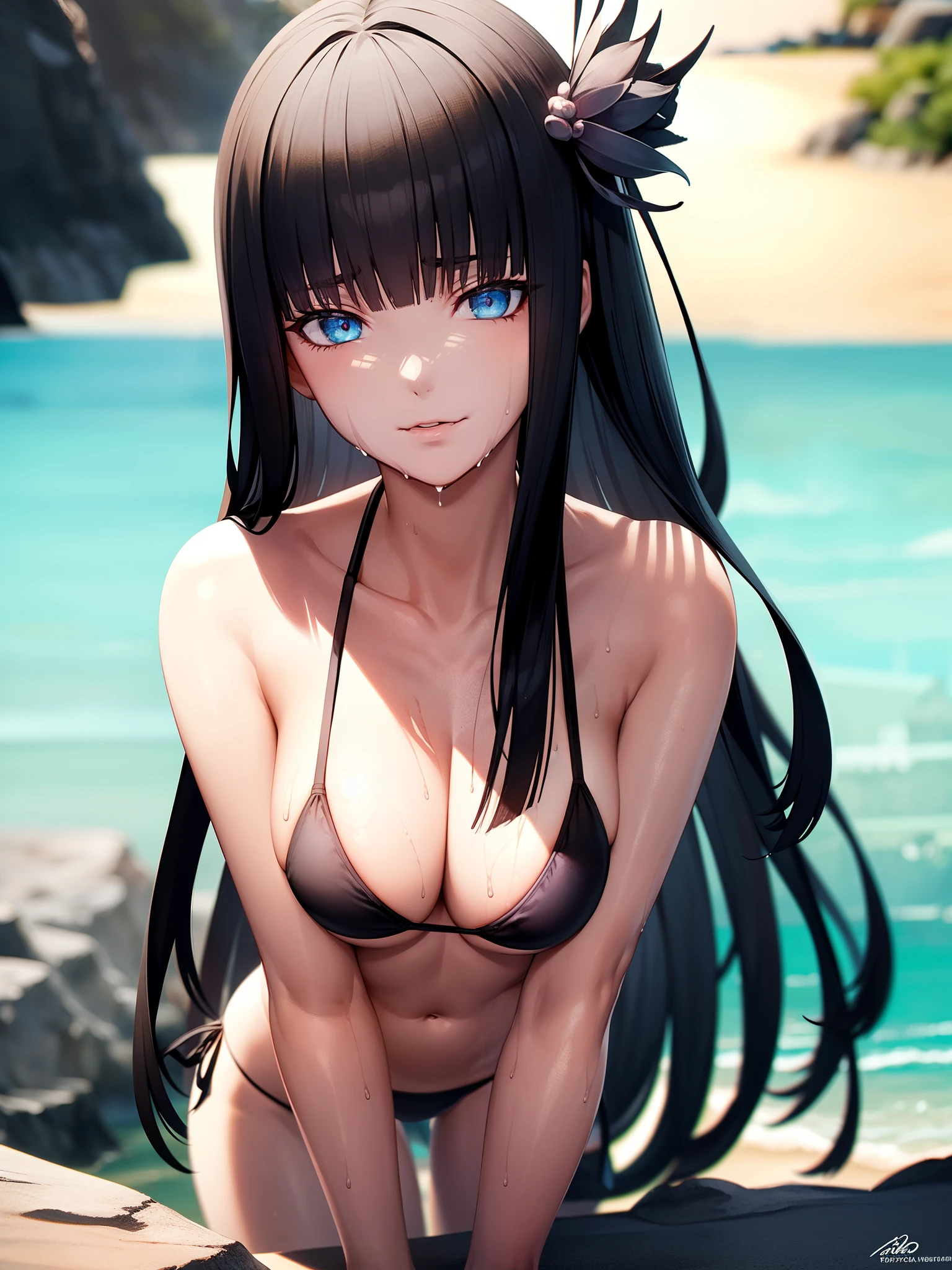 1girl, Yotsuyu_FF14, (blue eyes:1.1), sharp eyes, (black eyeshadow), (eyeliner), hime cut, long hair, black hair, white skin, (close mouth:1.3),
BREAK (leaning forward:1.3), (Place your hands on your thighs:1.2), (string bikini:1.3), (black bikini:1.3), patternless bikini, medium breasts, Naked, Exposed skin, (Wet skin:1.5), (turn your body to the front:1.5),
BREAK (sea:1.2), (beach:1.1), (solar:1.2), morning,
BREAK looking at viewer, (front view:1.3),
BREAK (masterpiece:1.2), best quality, high resolution, unity 8k wallpaper, (illustration:0.8), (beautiful detailed eyes:1.6), extremely detailed face, perfect lighting, extremely detailed CG, (perfect hands, perfect anatomy)