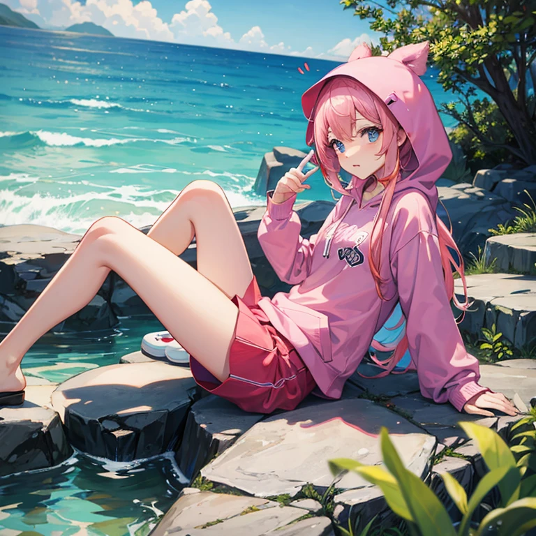 a girl, Pink Hair,  Blue eyes, white two-piece swimwear, hooded rash guard, sitting, (absurdres), (masterpiece), (best quality), (hyper detailed), (insanely) detailed), (exquisite), (beautiful), anatomically accurate body, seductive anime girl, anime moe art style, oily Sheen, detailed background,
 beach, to make sandcastles
