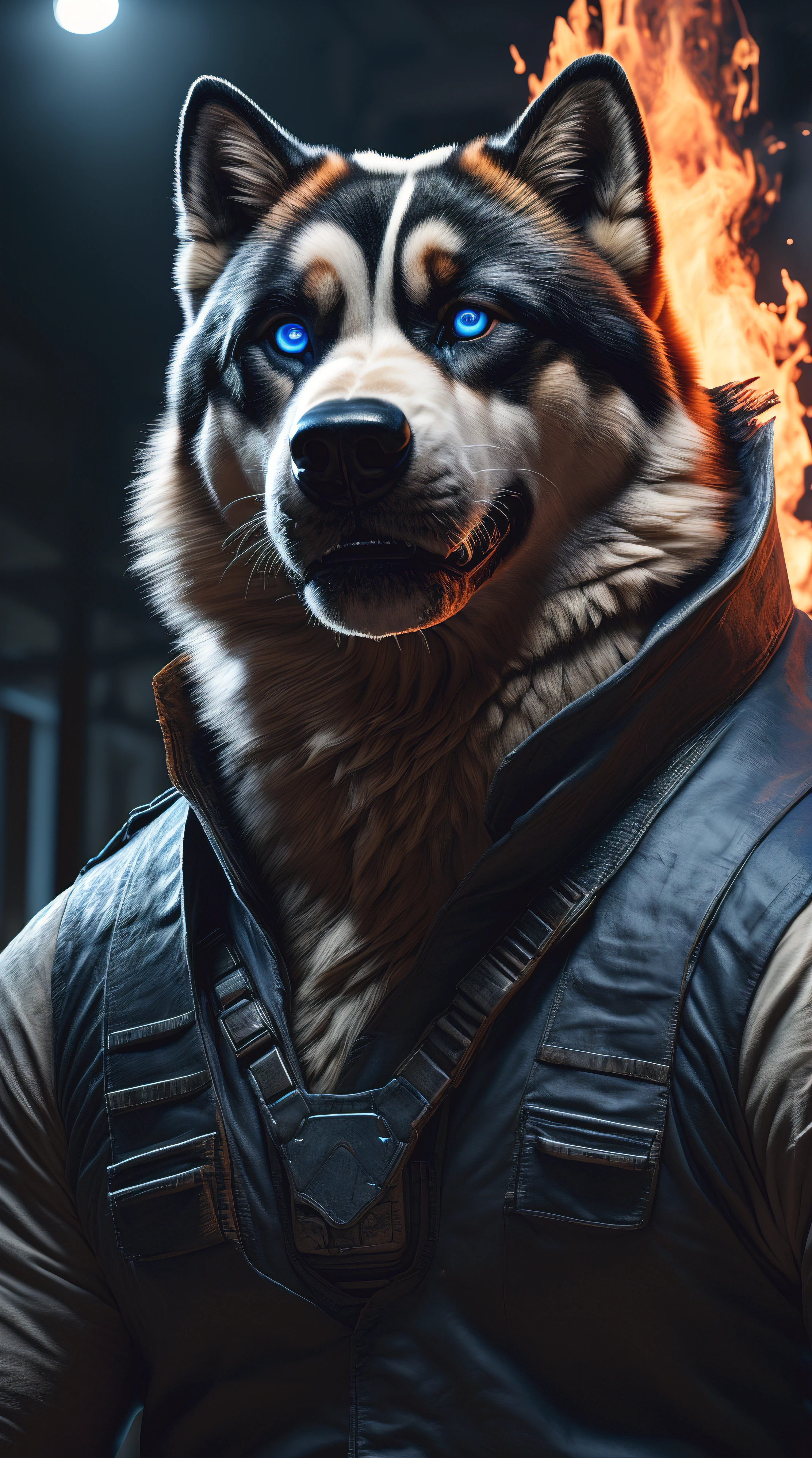 (best quality,16k,32k,Altas,master part:1.2),ultra-detalhado,(Realistic,fotorrealista,photo-realistic:1.37),(final Orochi Akita Americano) bright blue eyes realistic fire background of totally destroyed house alone looking at camera serious expression.