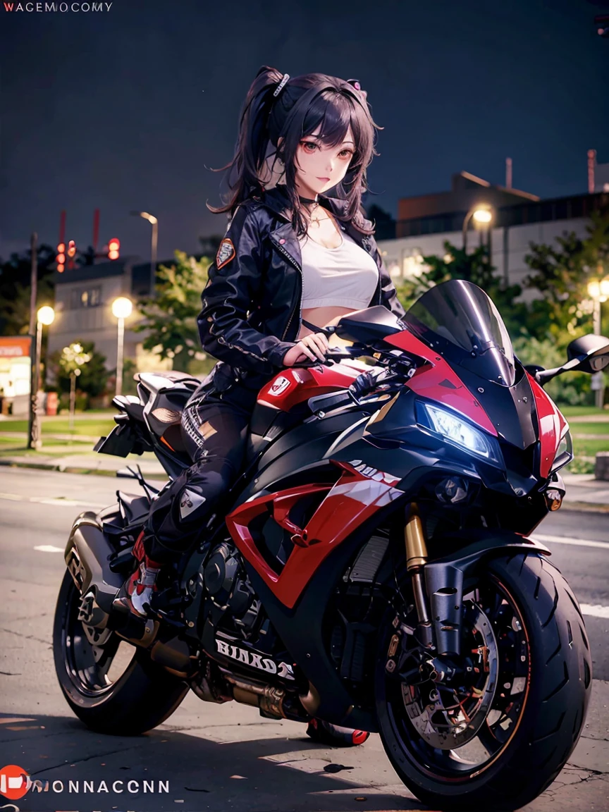 Long Hair, Ponytail, red and black Hair, red Eyes, Big Boobs, Bikers White Shirt, Bikers Black Jacket, Tight Black Jeans, Racing Motorcycle, Nighttime, Honda CBR, CBR150R