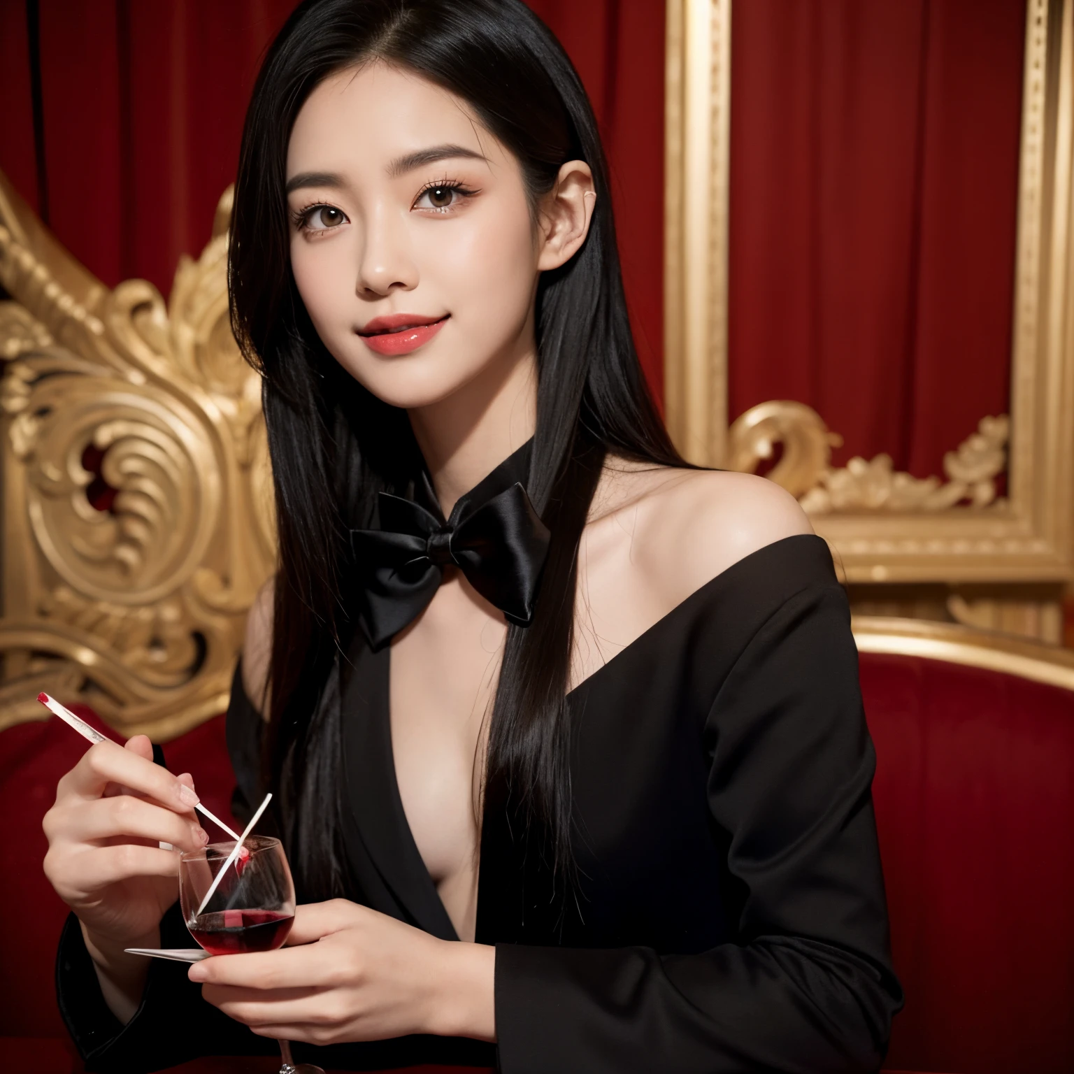 A powerful featured photo,Show a handsome boy,he has black hair、Red-eyed、Pointy ears and fangs。He wears a black tuxedo,Draped in a red shawl,wine glass in hand,Giggle smile。There a red rose and an Ace of Spades playing cards in the background。This photo uses high contrast、High saturation style,and bright lighting technology,The whole picture full of mysterious anime characters
