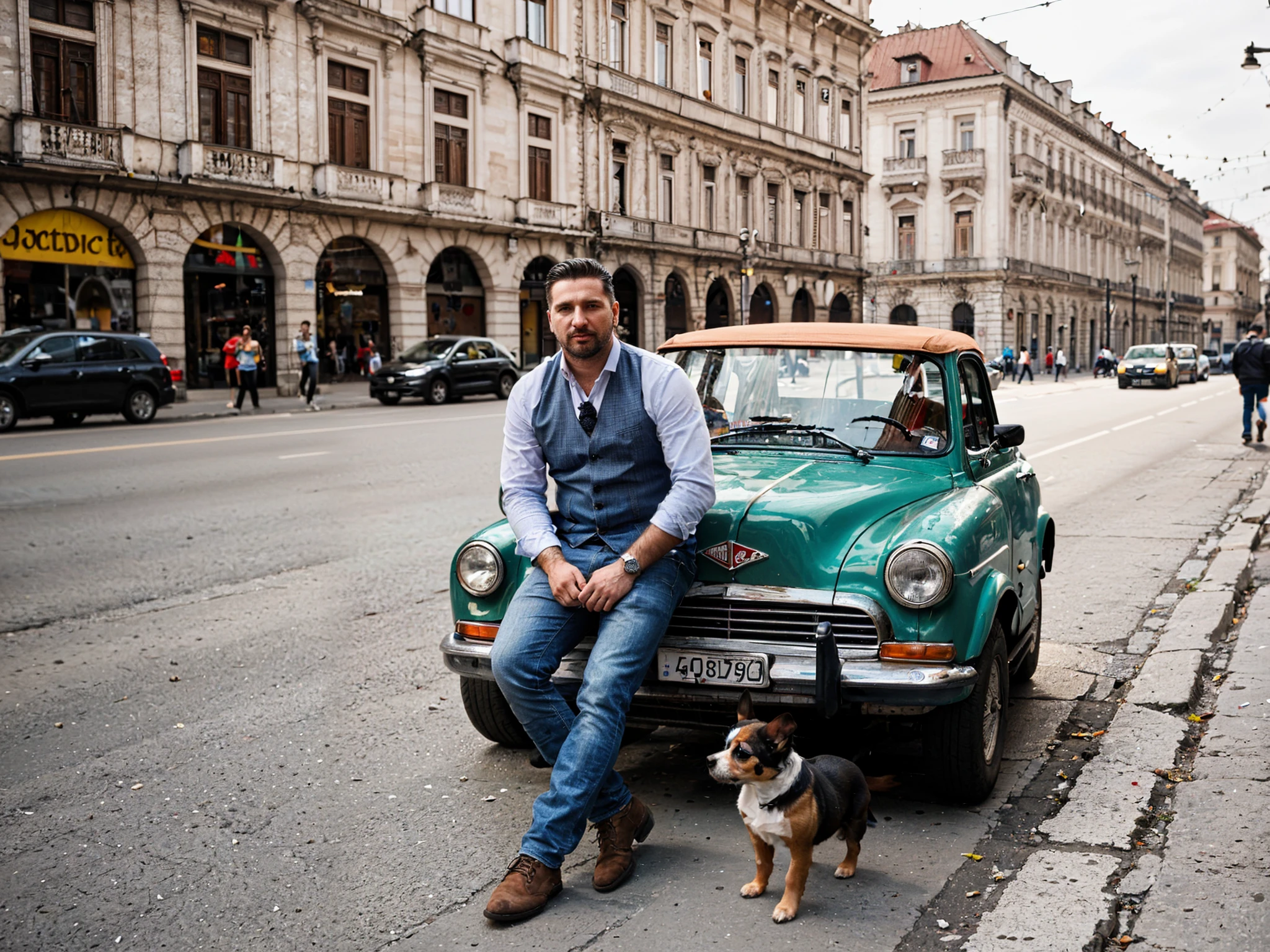 hyper realistic 30 years old man from romania sating outside on the street of bucharest with small dog