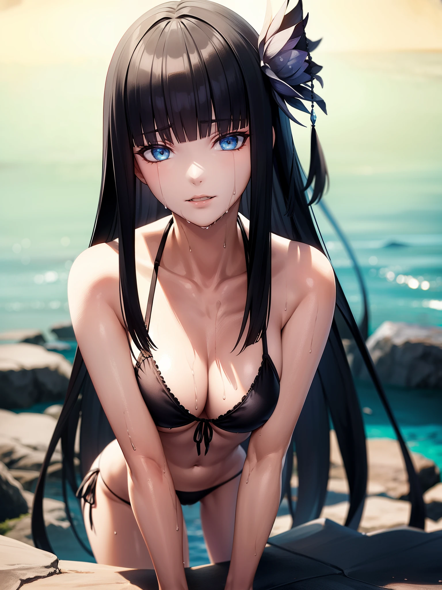 1girl, Yotsuyu_FF14, (blue eyes:1.1), sharp eyes, (black eyeshadow), (eyeliner), hime cut, long hair, black hair, white skin, close mouth,
BREAK (leaning forward:1.3), (Place your hands on your thighs:1.2), (string bikini:1.3), (black bikini:1.3), patternless bikini, medium breasts, Naked, Exposed skin, (Wet skin:1.5), (turn your body to the front:1.5), 
BREAK (sea:1.2), (beach:1.1), (solar:1.2), morning,
BREAK looking at viewer, (front view:1.3), 
BREAK (masterpiece:1.2), best quality, high resolution, unity 8k wallpaper, (illustration:0.8), (beautiful detailed eyes:1.6), extremely detailed face, perfect lighting, extremely detailed CG, (perfect hands, perfect anatomy)