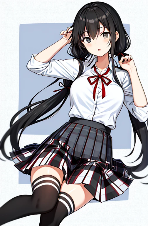 yukino yukinoshita, absurdres, highres, solo, school uniform, big breasts, waist long black hair, twintails, miniskirt, black thighhigh socks, loose red ribbon, unbuttoned white shirt