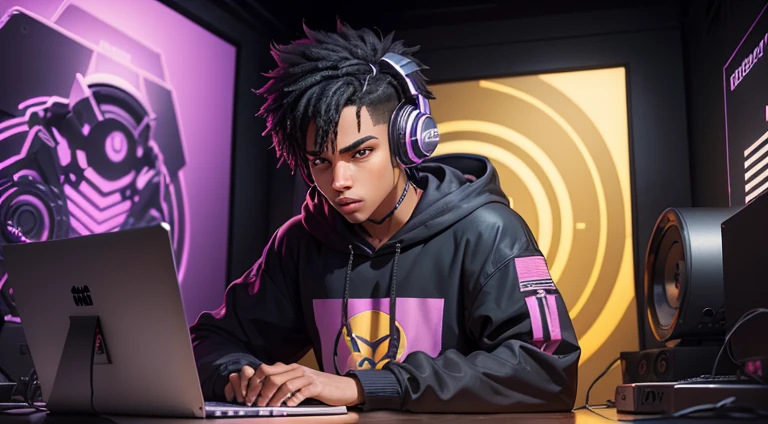 cartoon of a man in a realsitic awesome hoodie sitting at a desk with a microphone, discord profile picture, cyber aesthetic, the encrypted metaverse, art depicting control freak, background artwork, vaporwave cartoon, black hair, rapping into microphone, 2d illustration, cyberpunk art, A beatmaker  wearing headphones in a homestudio, laptop on table, looking into camera, studio, background wall with golden play button, best quality, hd, face and body in center facing towards camera without showing his mouth, and looking straight and portrait and center into the camera