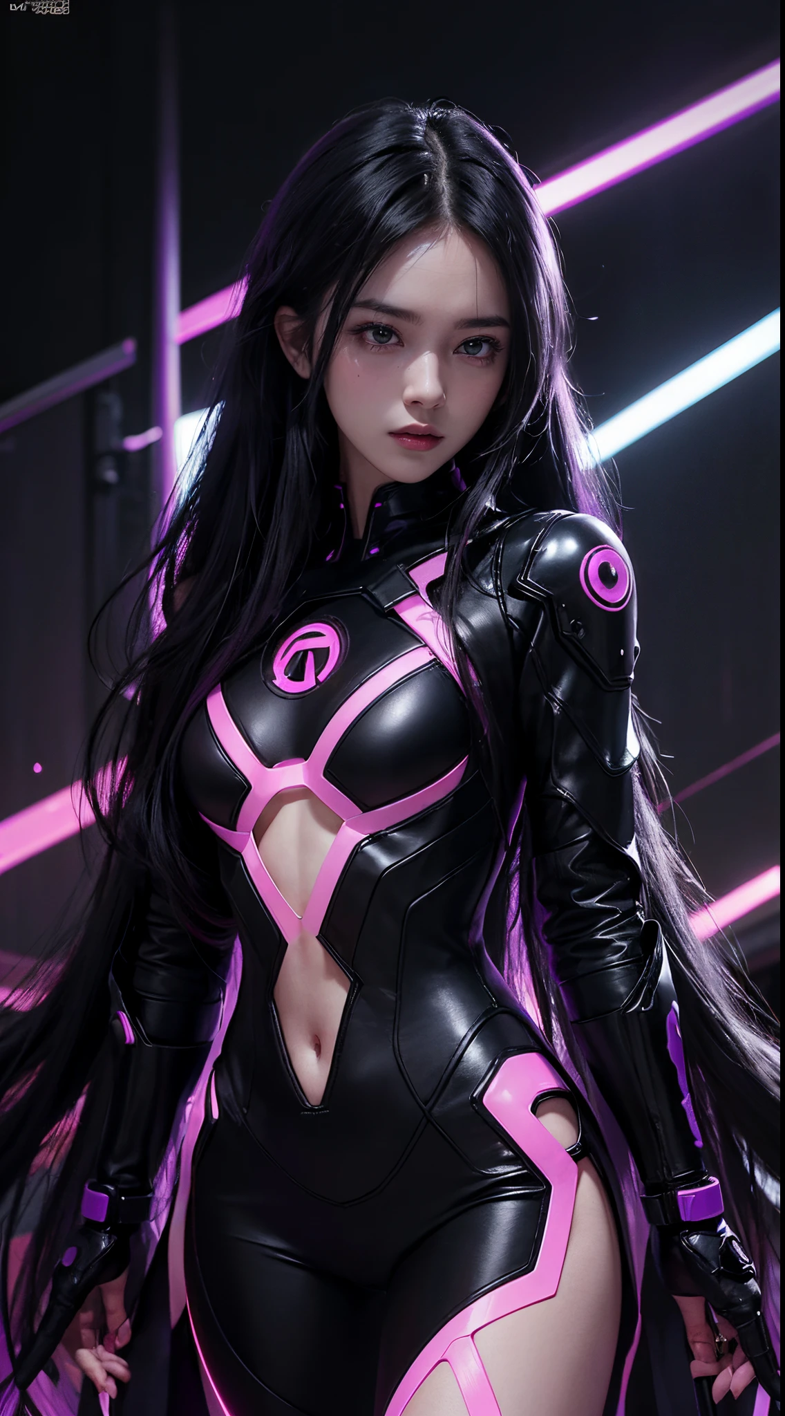 (Long black curly hair with purple neon lights:1.2), best images quality, tmasterpiece, 超高分辨率, (Fidelity:1.4), ((cyber punk personage)), Mira Kunis, deep understanding, , Web clothing, A futuristic, ((Award-winning hyper-realistic photos)),(hyper-detailing),(High resolution CGI artwork 8k), LED lights, Ambient lighting, Extremely dark solid black background