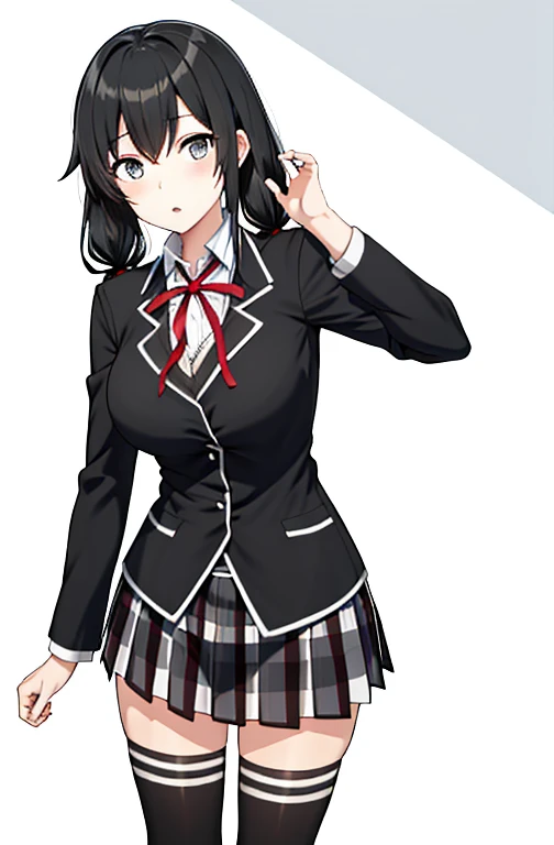 yukino yukinoshita, absurdres, highres, solo, school uniform, big breasts, waist long black hair, twintails, miniskirt, black thighhigh socks, loose red ribbon, unbuttoned white shirt