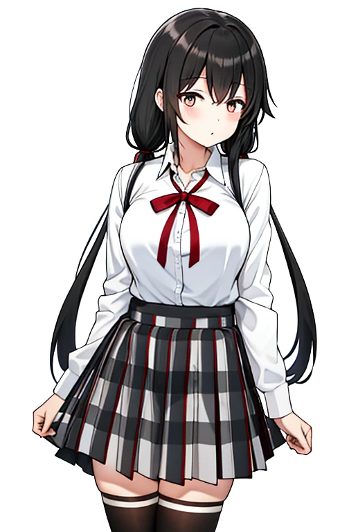 yukino yukinoshita, absurdres,  highres, solo, school uniform, big breasts, waist long black hair, twintails, miniskirt, black thighhigh socks, loose red ribbon, unbuttoned white shirt