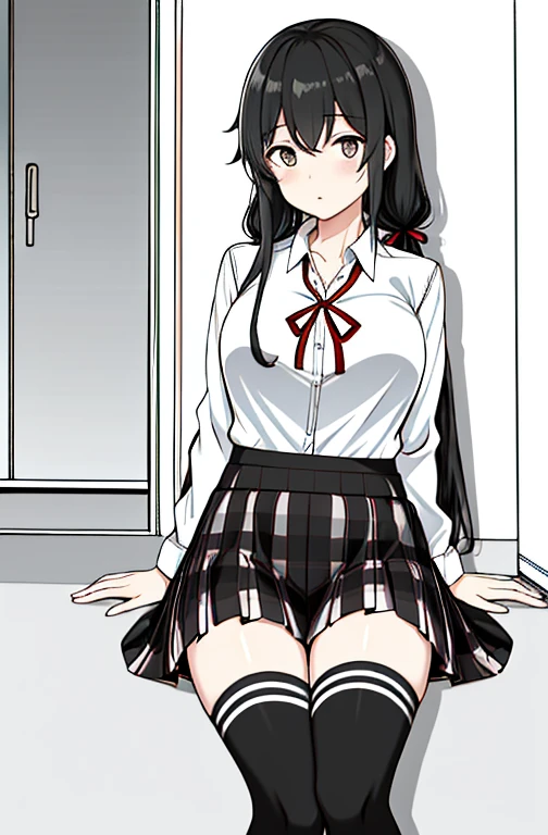 1 girl as yukino yukinoshita, absurdres, highres, solo, school uniform, big breasts, waist long black hair, (twintails:0.5), miniskirt, black thighhigh socks, loose red ribbon, unbuttoned white shirt, ahegao, (rolling eyes:1.5)
